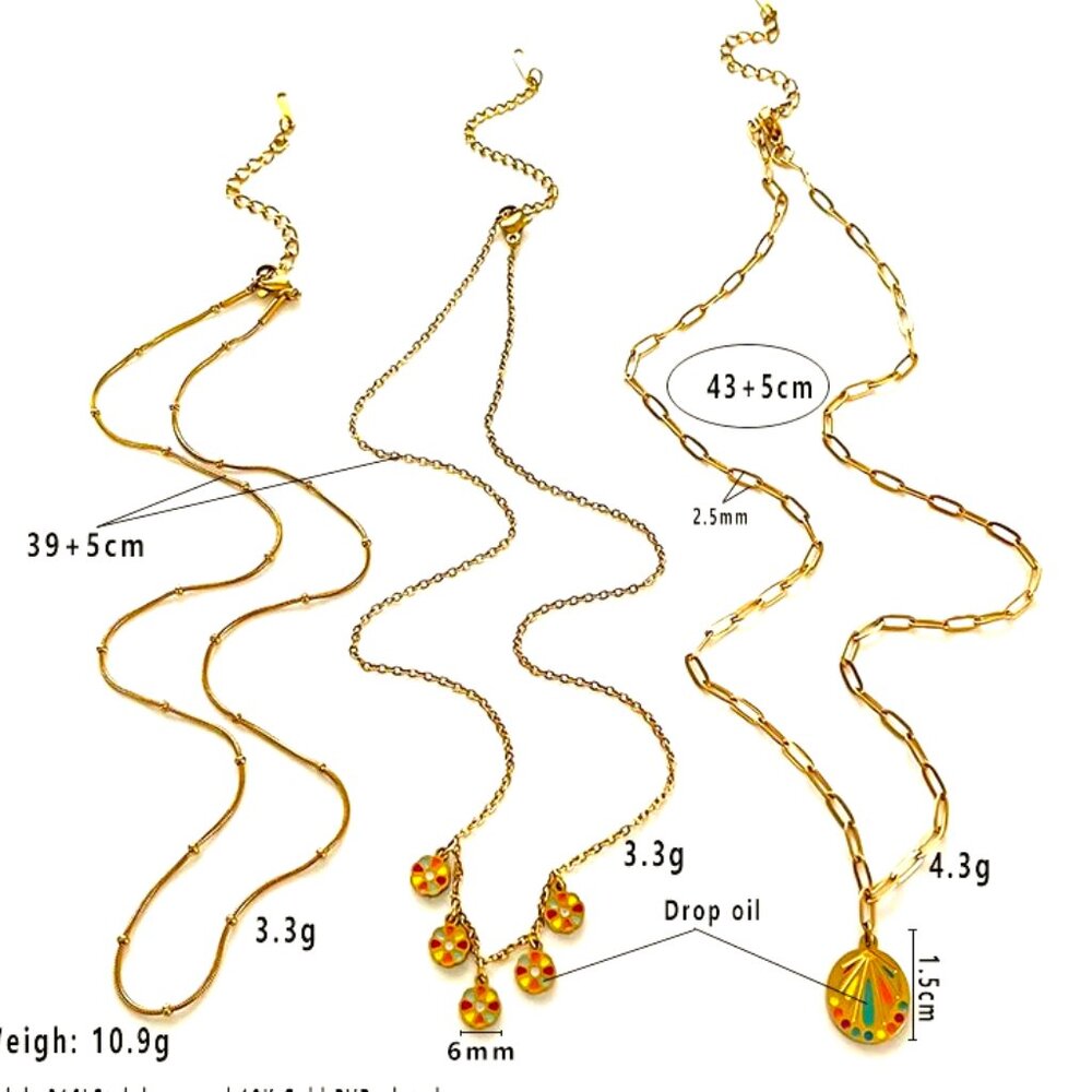 18K GOLD DIP 3 NECKLACES WORN AS 1 ENAMEL COLORED DROPS, OVAL PENDANT & STATION